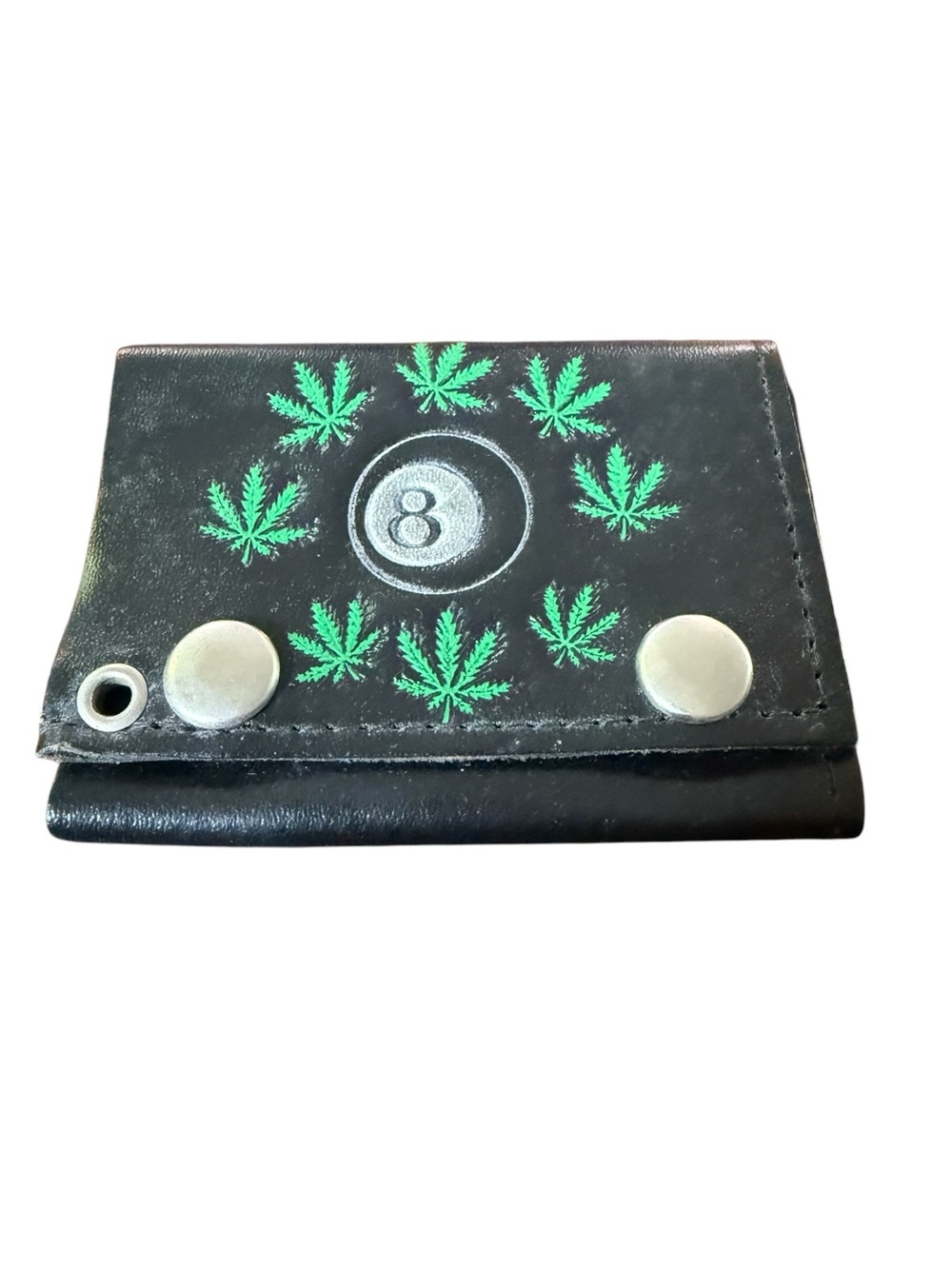 Vintage Marijuana Leaf Weed 8 Ball Black Leather Trifold Wallet Made In USA